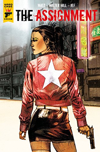 Book cover: woman with gun, red jacket, city background.