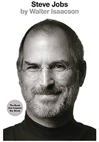 "Book cover featuring a black and white portrait of Steve Jobs."