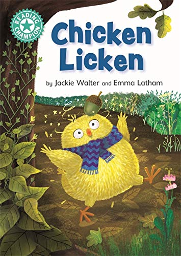 Book cover: “Chicken Licken” featuring a yellow chick with an acorn on its head.