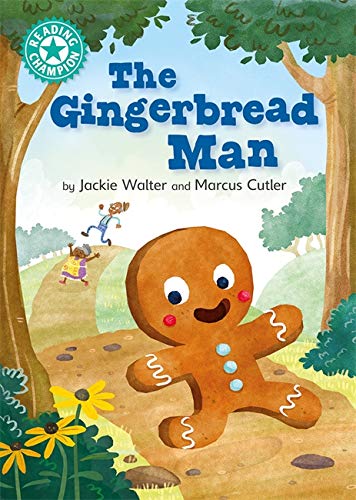 Book cover: The Gingerbread Man running from children in a forest.