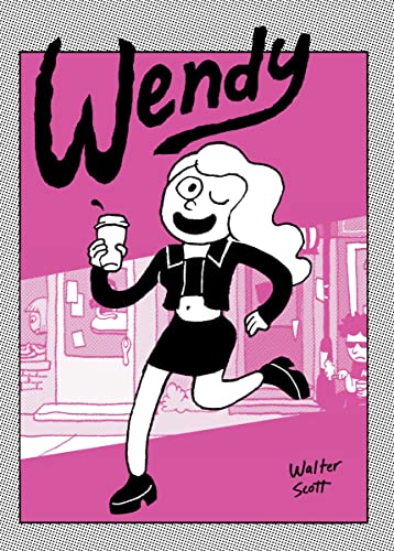 Book cover: cartoon girl with coffee, pink background, titled "Wendy".