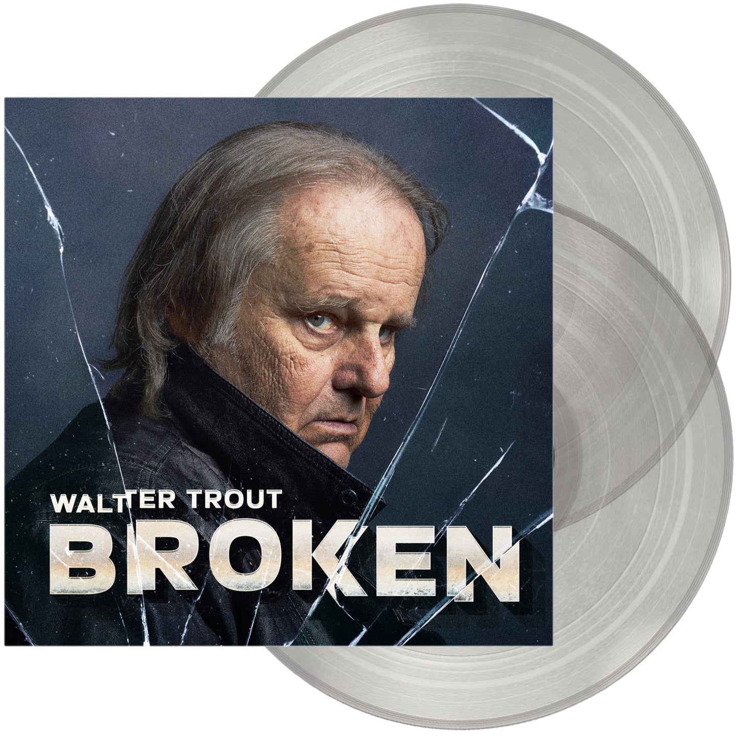 Album cover featuring Walter Trout behind cracked glass with two transparent silver vinyl records.