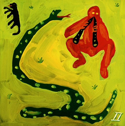 Painting of a red figure playing a flute near a large snake on yellow.