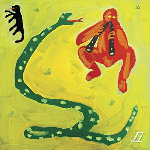 A red figure plays a flute near a green snake on a yellow background.