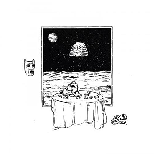 Black and white illustration of a table scene with celestial bodies.