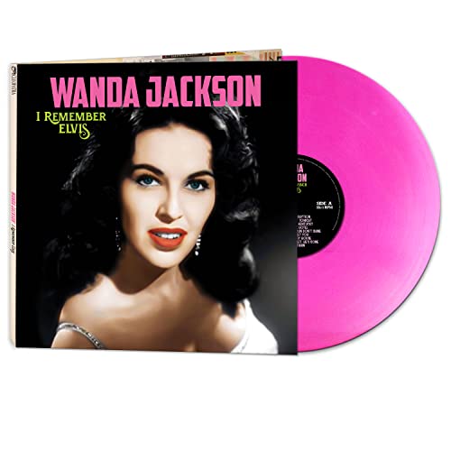 Wanda Jackson album cover and pink vinyl record, studio portrait.