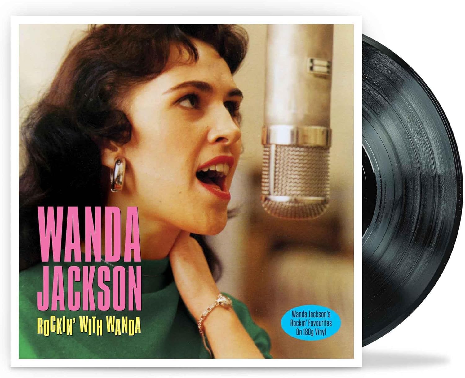 Wanda Jackson album cover with vinyl record, pink text, and microphone.