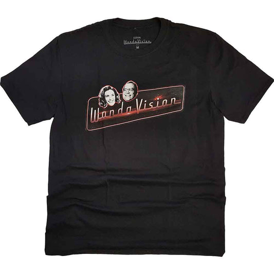 Man wearing a black "WandaVision" t-shirt with red logo graphic.