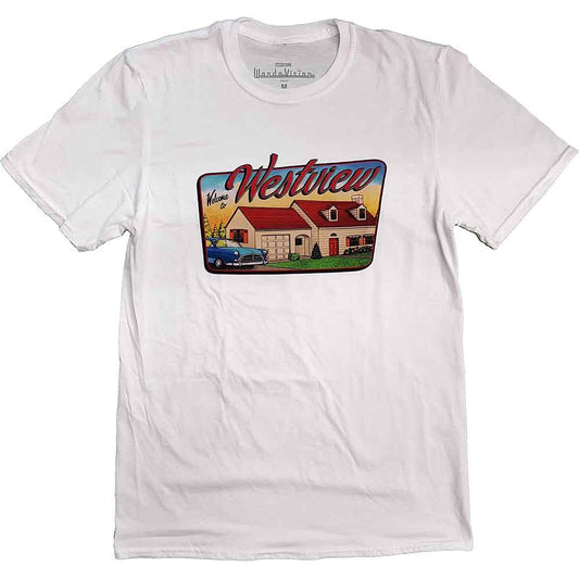 White t-shirt with a colorful "Westview" logo featuring a house and car.