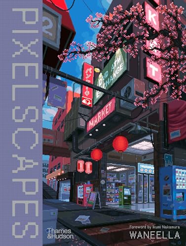 Pixel art illustration of a Japanese street scene with cherry blossoms and glowing lanterns.