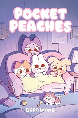 Four cartoon animals sit on a pink sofa under a blanket in a room.
