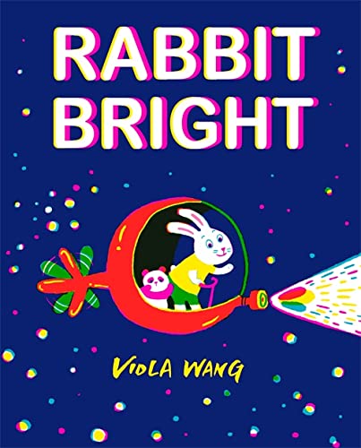 Book cover: rabbit and panda in a crescent moon spaceship.