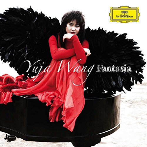 CD cover: Pianist Yuja Wang in red dress with black wings.