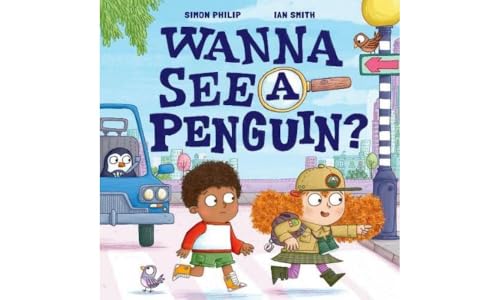 Book cover: children, penguin, and a street scene with a blue vehicle.