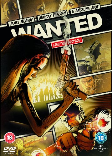 Wanted" DVD cover featuring action imagery, Angelina Jolie, and James McAvoy.