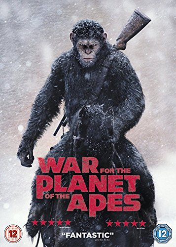 Ape holding a rifle, snowy background, "War for the Planet of the Apes" title.