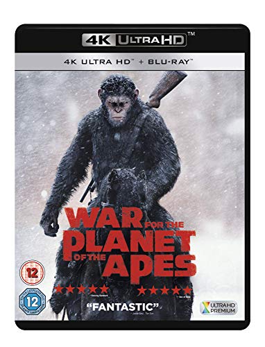 War for the Planet of the Apes" 4K UHD Blu-ray cover with ape holding rifle.
