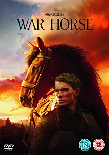A young soldier stands in front of a horse against a sunset sky.