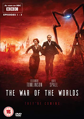 A man and woman run through a fiery landscape beneath a giant alien tripod.