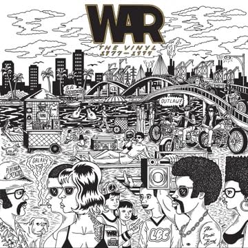 Black and white album cover for WAR’s “The Vinyl 1977-1994” with city scenes.
