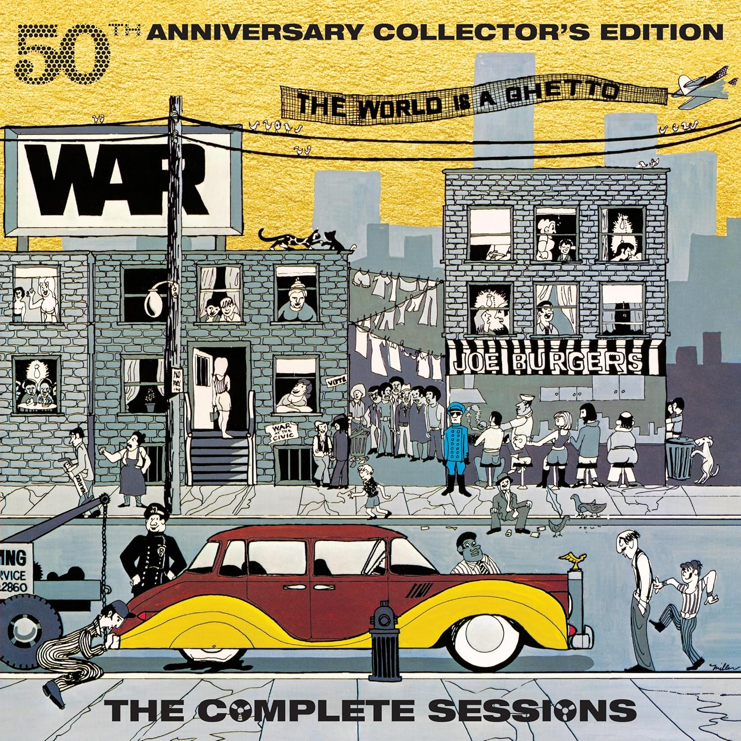 CD cover for WAR’s “The World Is A Ghetto” with illustrated street scene.