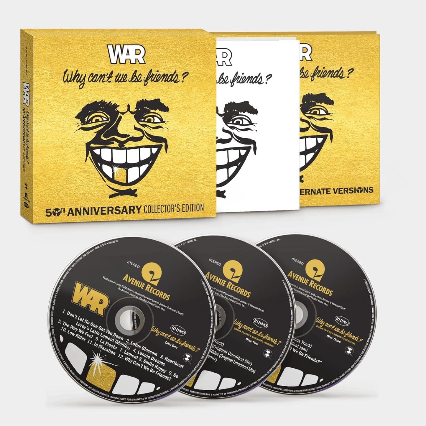 CD album cover and three discs featuring a smiling face on yellow backgrounds.