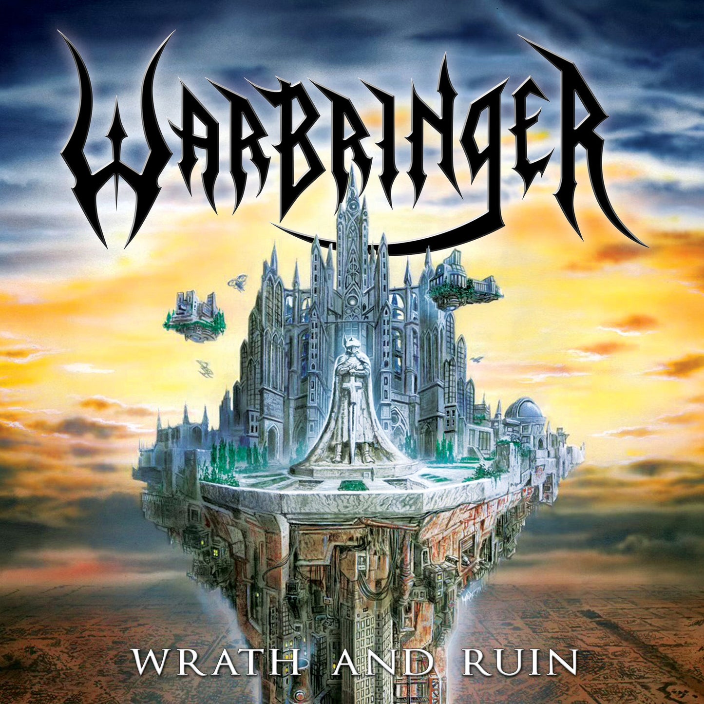 Warbringer album cover: floating city with dramatic sky and band logo.