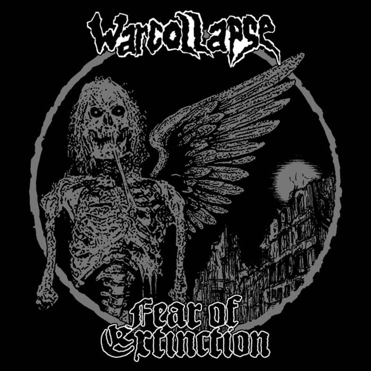 Black and white album cover with skeletal winged figure and city.