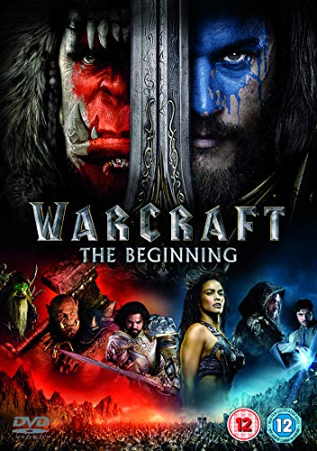 Warcraft DVD cover featuring orc and human faces, sword, and battle scene.