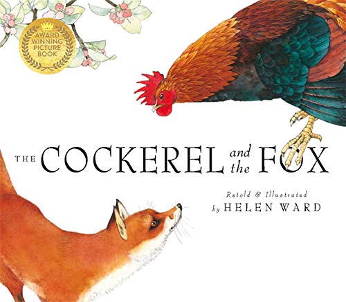 Book cover: a red cockerel facing a fox, with floral details.