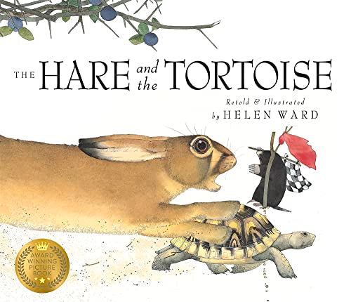 A hare running past a tortoise, with a mole holding a flag nearby.