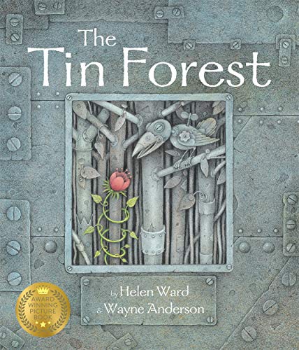 Book cover: “The Tin Forest” depicts a mechanical forest with birds.
