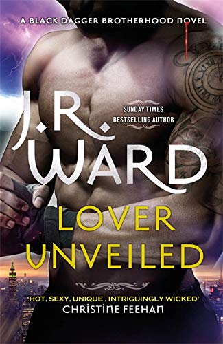 Book cover: muscular torso, title “Lover Unveiled” by J.R. Ward.
