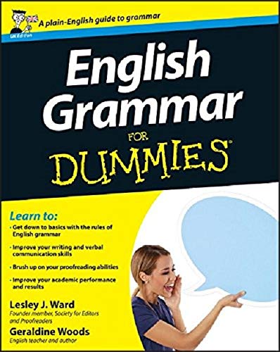 Book cover: "English Grammar for Dummies, UK Edition" with a woman speaking.