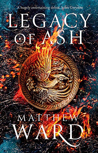 Book cover: “Legacy of Ash” with a phoenix emblem and fiery background.