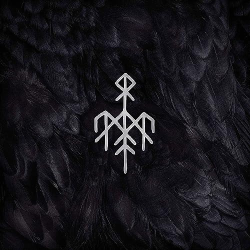 White runic symbol centered on a background of dense black feathers.