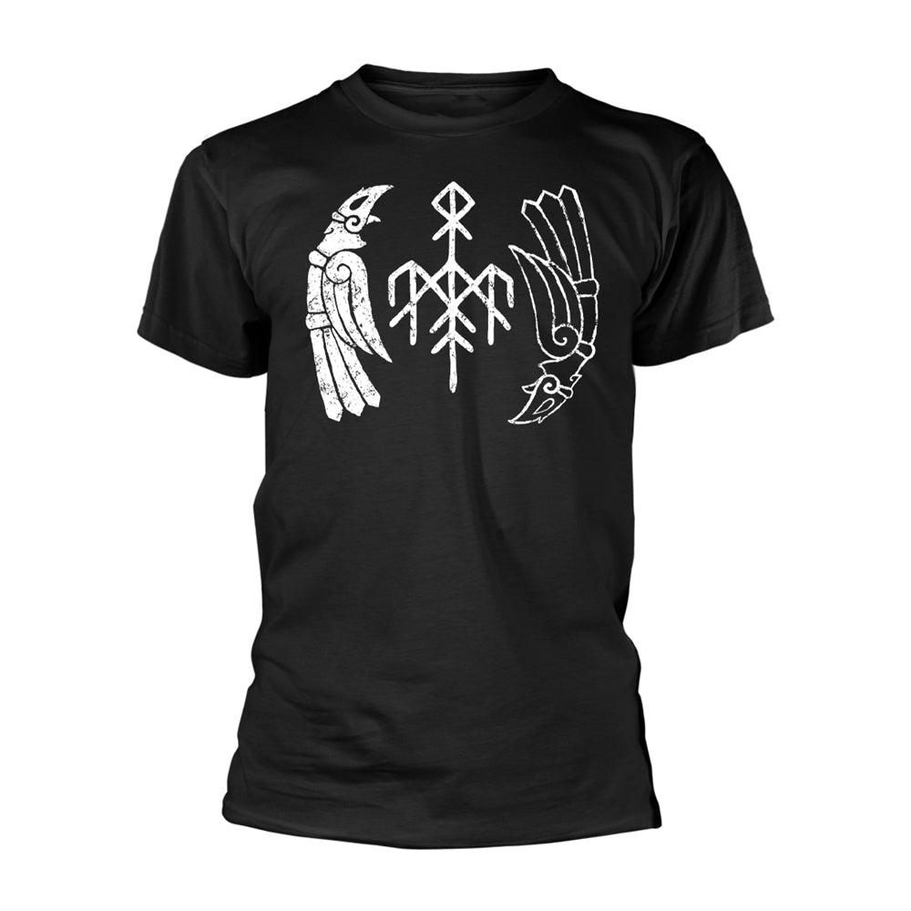 Black t-shirt with white Norse rune and raven design.