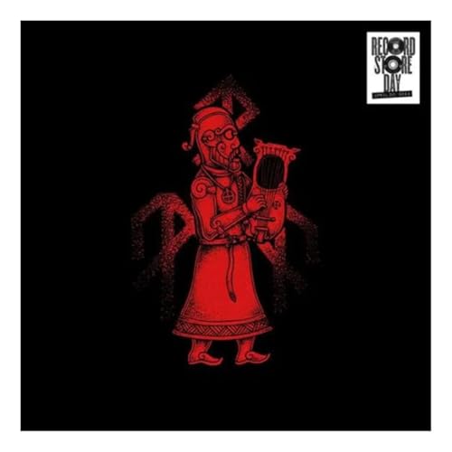 Red illustration of a Norse bard with a lyre on a black background.
