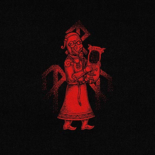 Red illustration of a medieval figure holding a stringed instrument, on a black background.