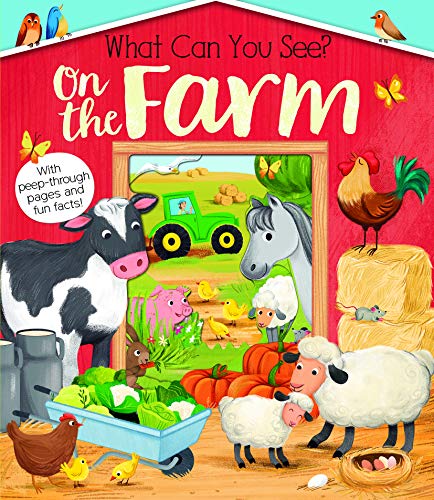 Farm animals—cow, horse, sheep, pig, rooster—illustrated on a children’s book cover.