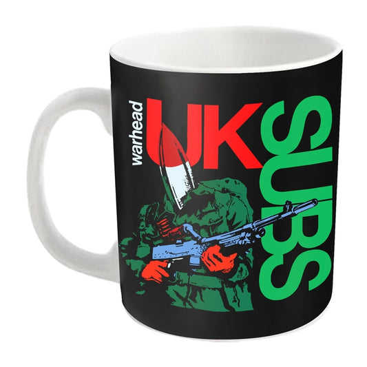White ceramic mug with bold text and a military scene design.