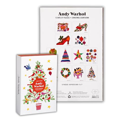 Andy Warhol Christmas puzzle box with colorful illustrations of trees and ornaments.