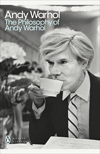 Black and white book cover featuring artist Andy Warhol drinking from a cup.