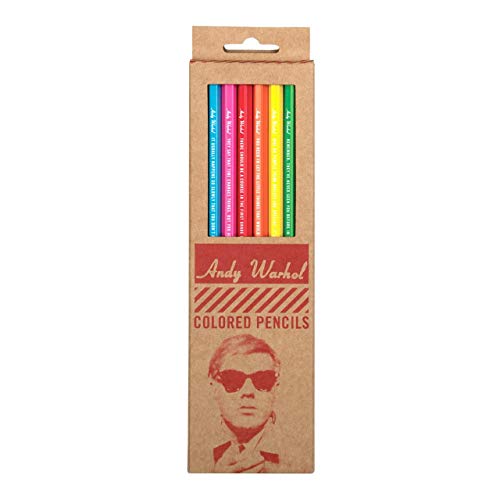 Colorful colored pencils in cardboard packaging featuring Andy Warhol’s portrait.