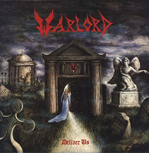 Gothic graveyard scene with a figure entering a mausoleum, album art.