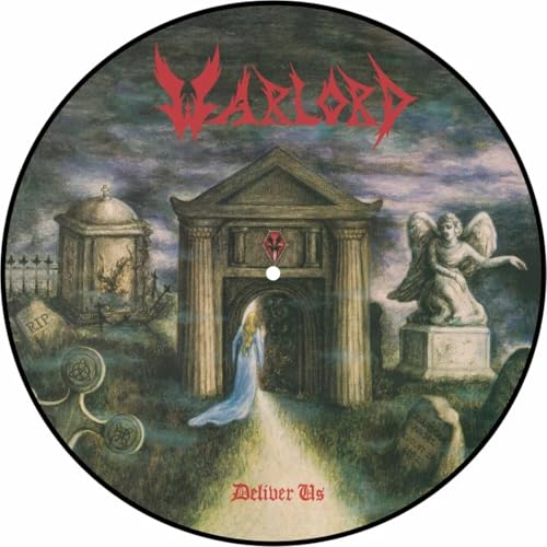 Warlord Deliver Us picture disc vinyl featuring a woman entering a stone tomb.
