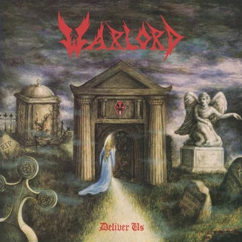 Warlord album cover: graveyard, mausoleum, angel statue, and red lettering.