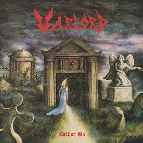 Warlord album cover: graveyard scene with mausoleum, angel, and ghostly figure.