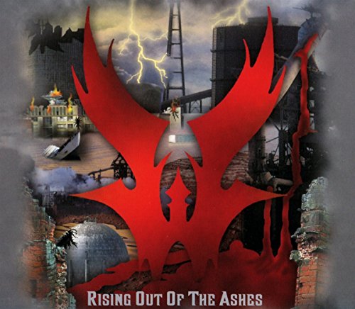 "Album cover art with red phoenix-like symbol over a post-apocalyptic landscape with stormy sky."