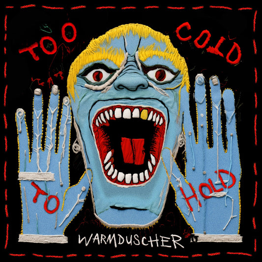 Blue, stitched face with open mouth and red text on black background.